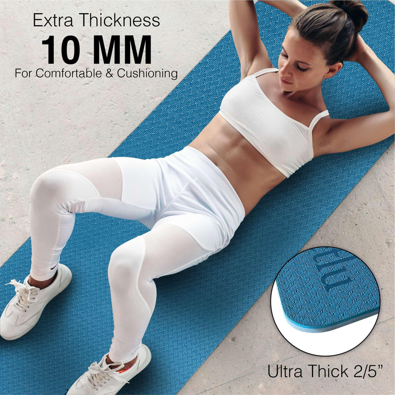 Feetlu Yoga Mat Thick With Strap 2/5 Inch (10mm) - Extra Thick Yoga Mat Non Slip Workout Mat Double-Sided Eco Poe Yoga Mats For Women Menworkout Mat For Yogapilatesand Floor Exercises(Tur Blu/Gyb)