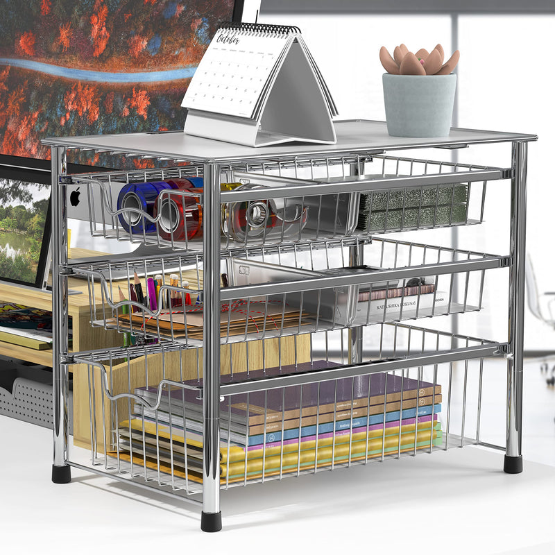 Chrome Stackable 3 Tier Sliding Basket Organizer Drawer 16.75x11x 13.75