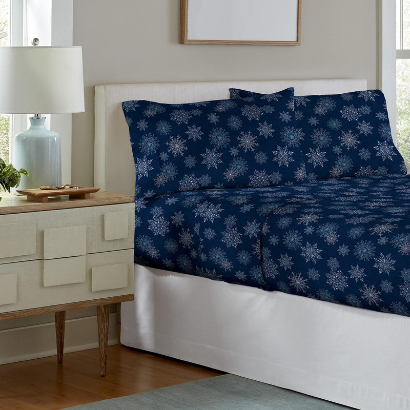 Navy Snowflakes Cotton Flannel Deep Pocket Sheet Set - Cal King