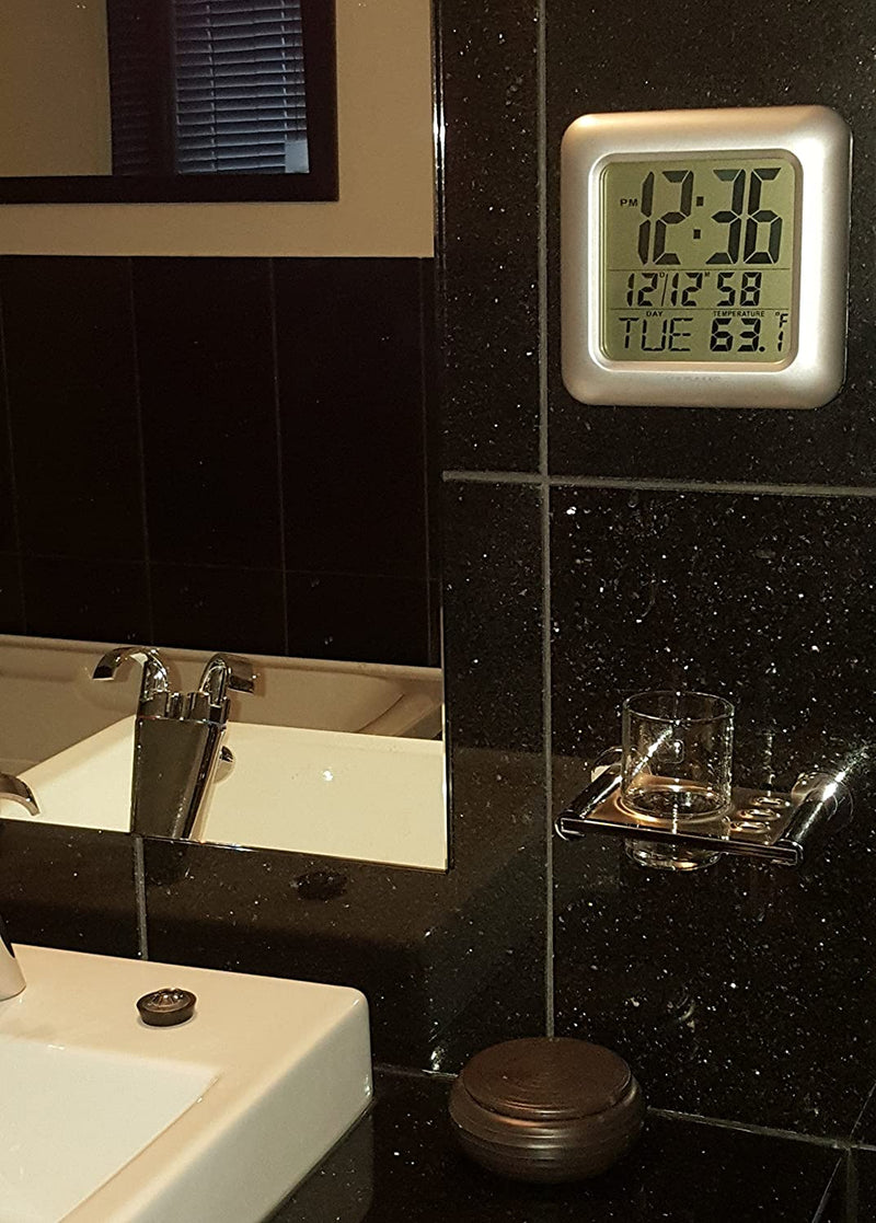 Digital Bathroom Shower Wall Clock Waterproof Silver Frame