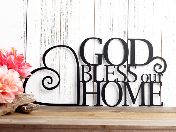 God Bless Our Home Metal Sign Religious Wall Art Heart Spiritual Decor 16.5"x8"