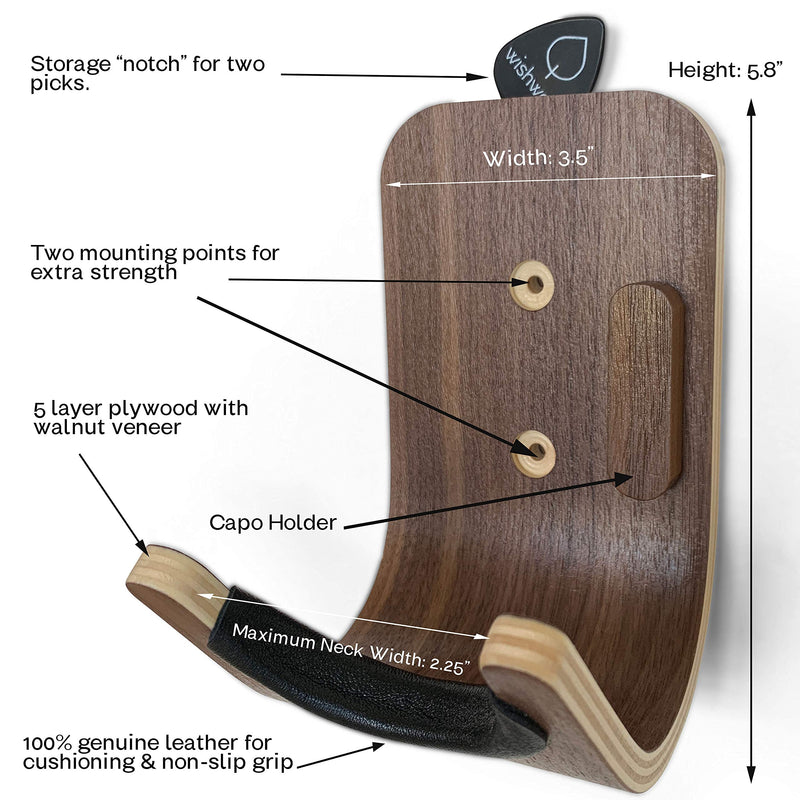 Walnut Guitar Wall Hanger with Pick & Capo Storage