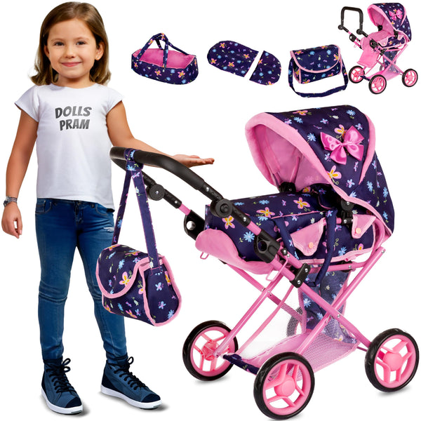 Kinderplay 3-in-1 Doll Stroller Pram with Adjustable Handle