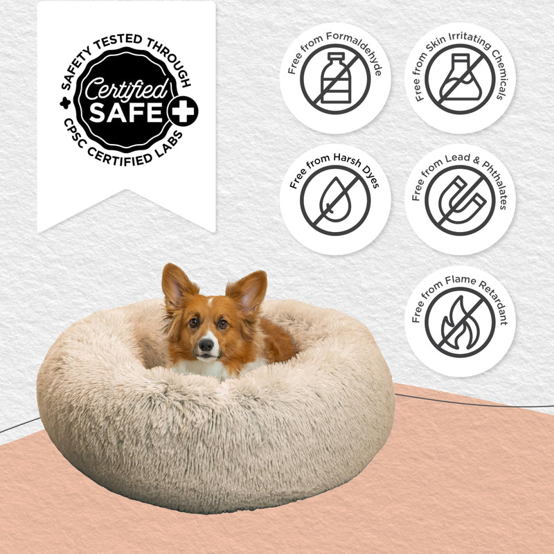 Taupe Shag Calming Donut Pet Bed Medium 30x30