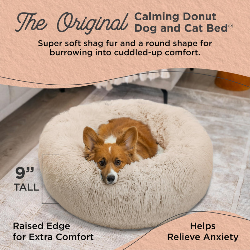 Taupe Shag Calming Donut Pet Bed Medium 30x30