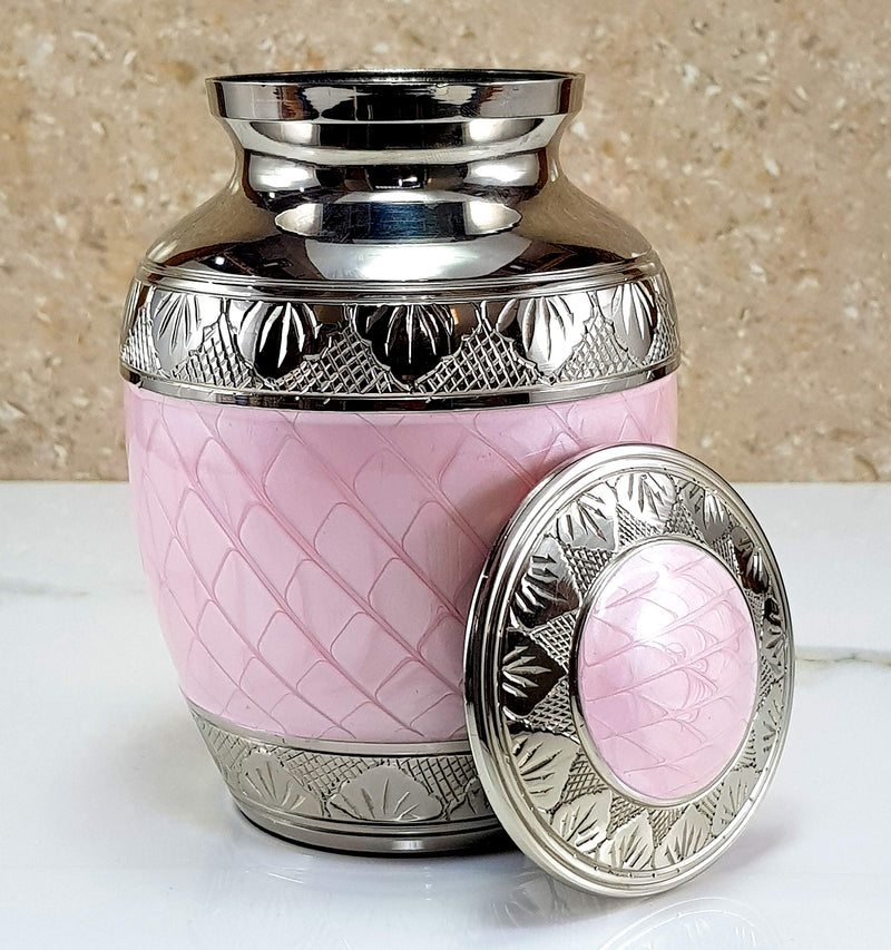 eSplanade Metal Cremation Urn Memorial Jar Pot Container | Medium Size Urn for Funeral Ashes Burial | Engraved Metal Urn | Pink - 6" Inches