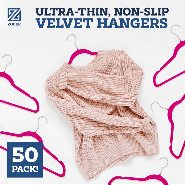 Zober 50 Pack Pink Velvet Hangers Heavy Duty Non Slip Space Saving Design