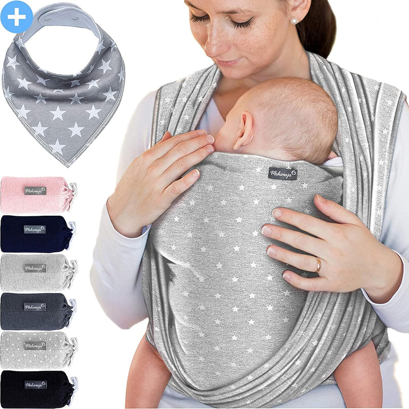 Baby Wrap Carrier Light Grey with Stars – Baby Carrier for Newborns and Babies Up to 15Kg – Made of Soft Cotton