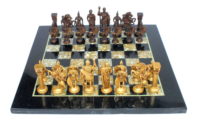 StonKraft Collectible Black Marble and (MOP) Mother of Pearl Chess Board Set + Brass Roman Chess Pieces - Decorative Stone Chess - Home Décor - 15" Inches