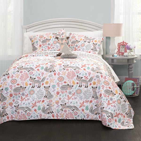 Whimsical Fox and Floral Twin Quilt Set - Gray & Pink