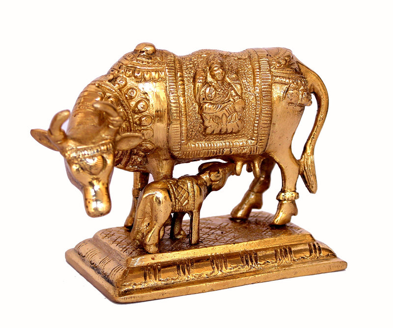 Gerenic Brass Kamdhune Cow Nandi Kamadhenu Cow and Calf Holy Cow Brass Idol