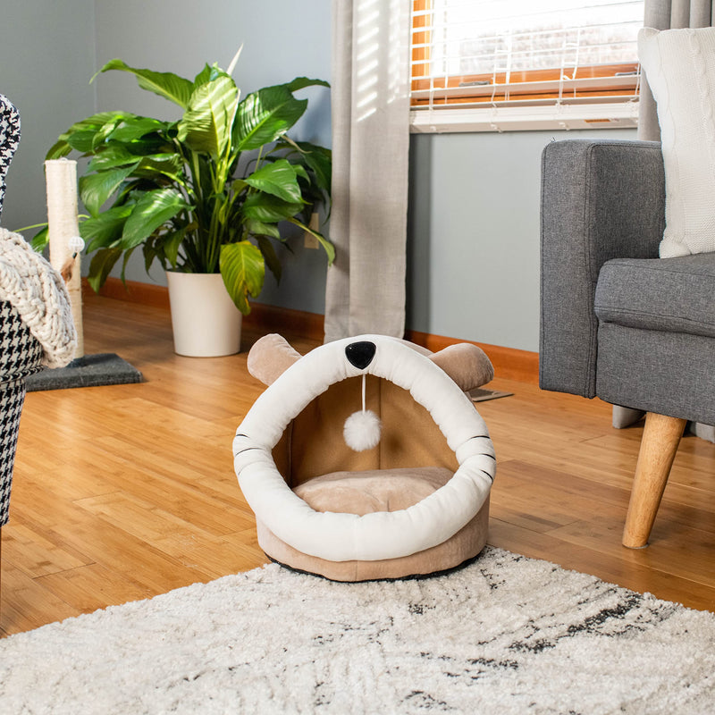 Nat & Jules Kitty Cat Face 15 Inch Plush Fabric Cave Bed With Dangle Toy Warm Beige