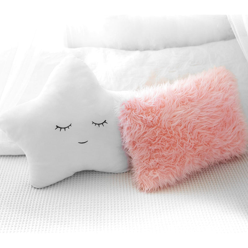 2 Pack Toddler Room Decorative Pillows Star Embroidered White & Pink Faux Fur