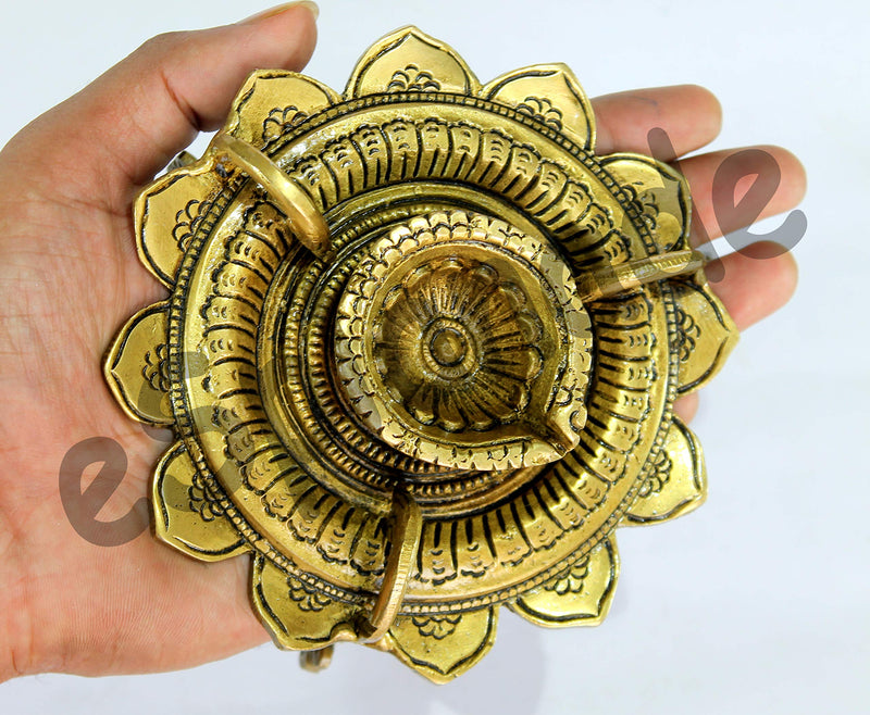 Esplanade Lotus Shaped Round Brass Diya Oil Lamp Home Decor Kuthu Vilakku