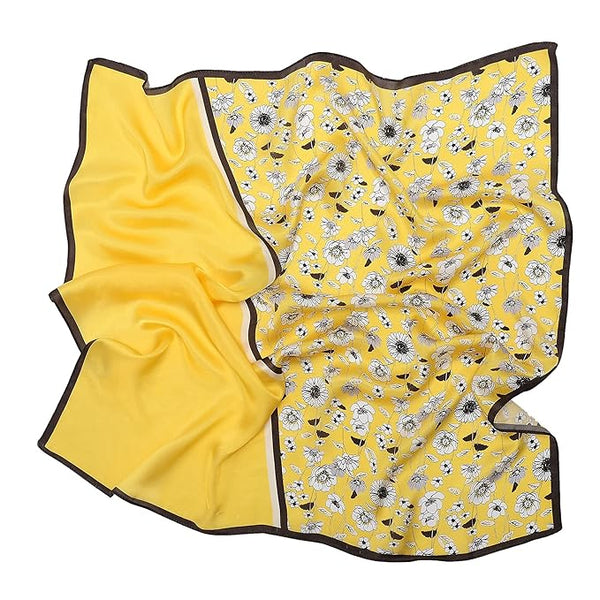 100% Mulberry Silk Scarf, Yellow Flower Designer Head Scarf, Silk Scarf For Hair Wrapping At Night, Pure Silk Scarf For Women, Square Silk Fabric Neckerchief