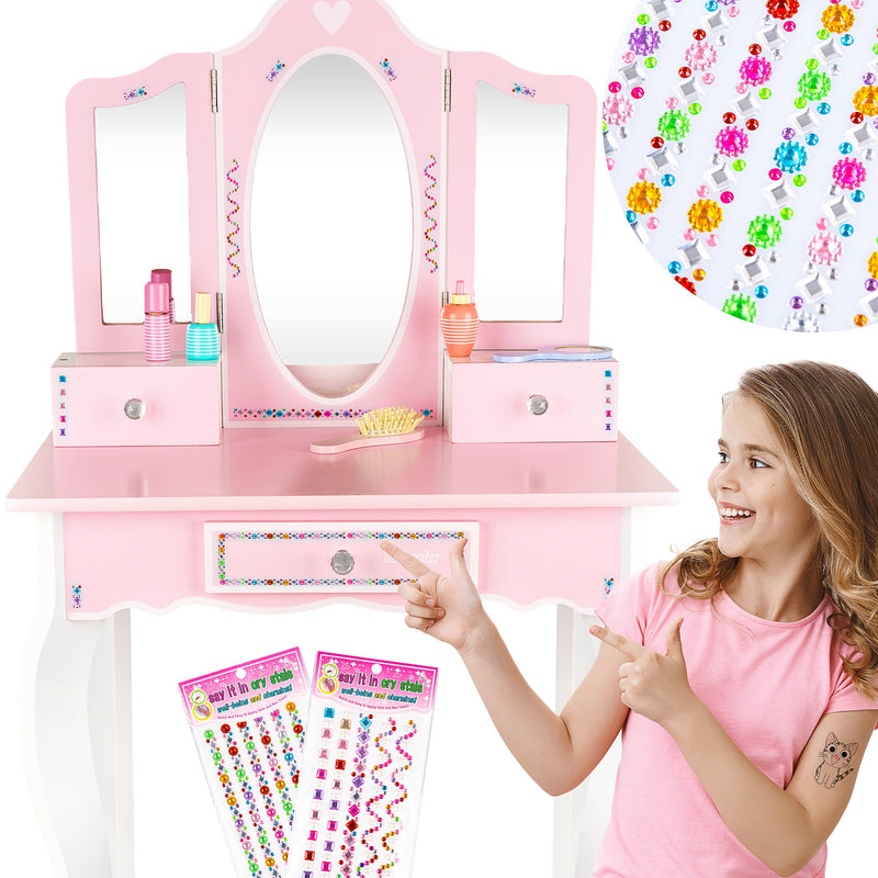 Kids Pink Vanity Set With Mirror and Stool Girls Dressing Table With Accessories