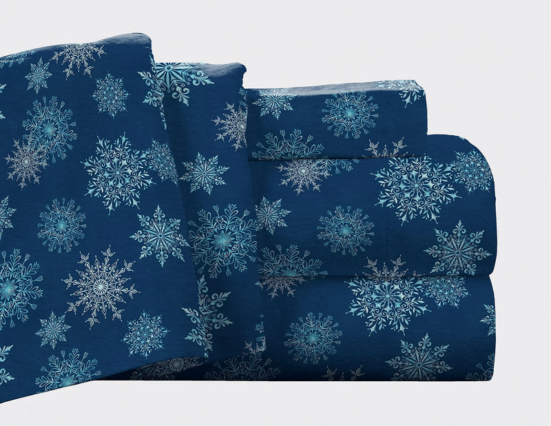 Navy Snowflakes Cotton Flannel Deep Pocket Sheet Set - Cal King