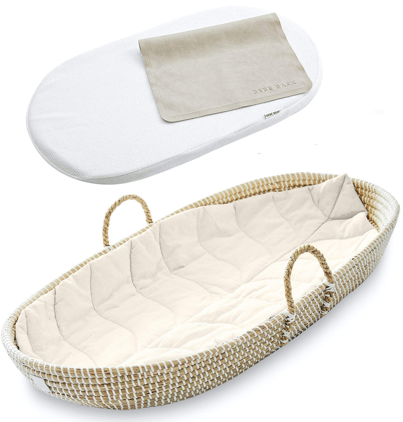 BEBE BASK - Premium Seagrass Baby Changing Basket with Pad - Handmade Baby Moses Basket - Luxury Leaf Liner - Bamboo Jacquard Cover - Vegan Baby Changing Mat - Baby Changing Pad - 30 x 16 x 4 inches