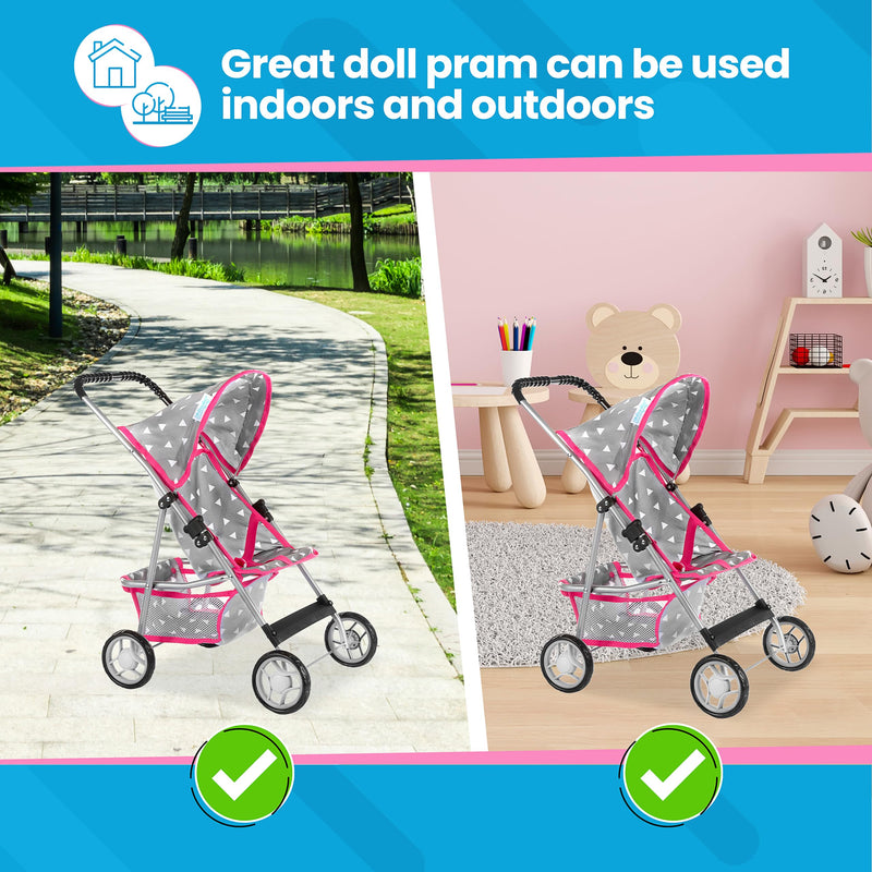 Toy Doll Stroller for Toddlers with Grey Triangle Design