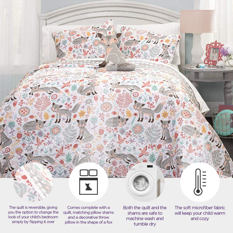 Whimsical Fox and Floral Twin Quilt Set - Gray & Pink