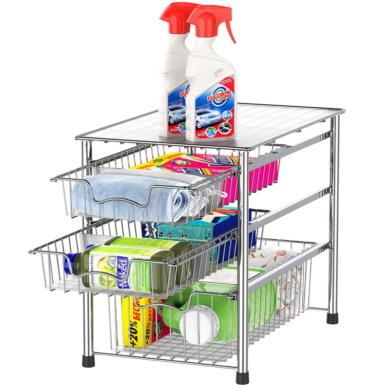 Chrome Stackable 3 Tier Sliding Basket Organizer Drawer 16.75x11x 13.75