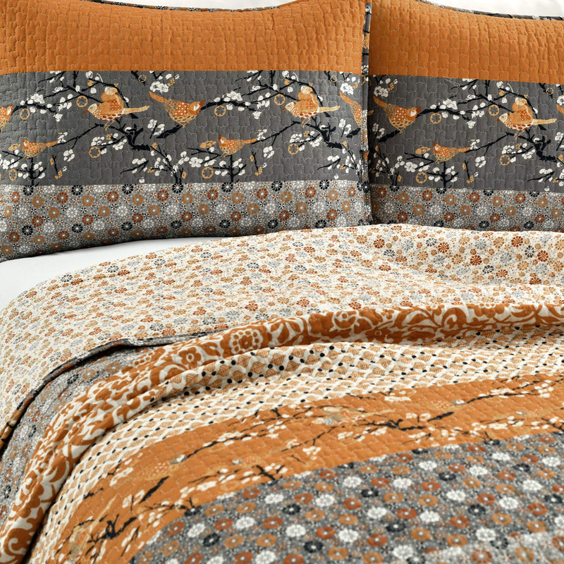 Bohemian Reversible Cotton Quilt Set King - Yellow & Gray
