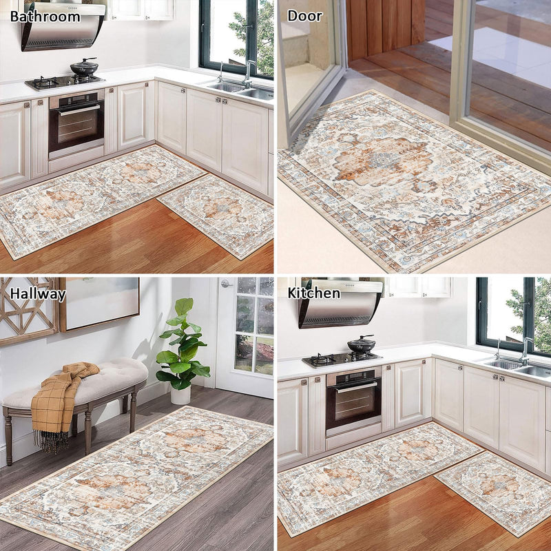 Boho Kitchen Rug Set of 3 - Non-Skid, Machine Washable, Light Brown