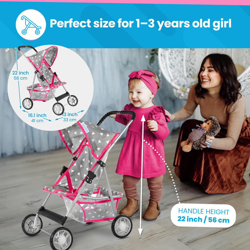 Toy Doll Stroller for Toddlers with Grey Triangle Design