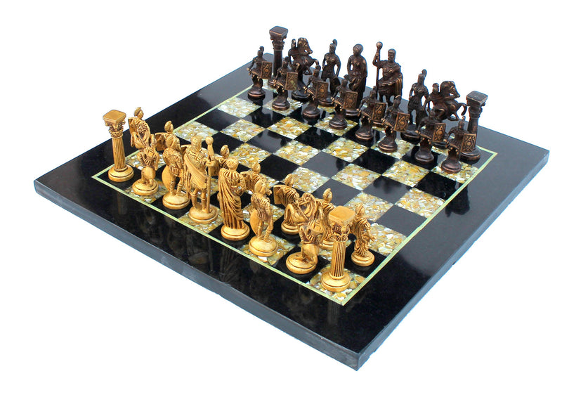 StonKraft Collectible Black Marble and (MOP) Mother of Pearl Chess Board Set + Brass Roman Chess Pieces - Decorative Stone Chess - Home Décor - 15" Inches