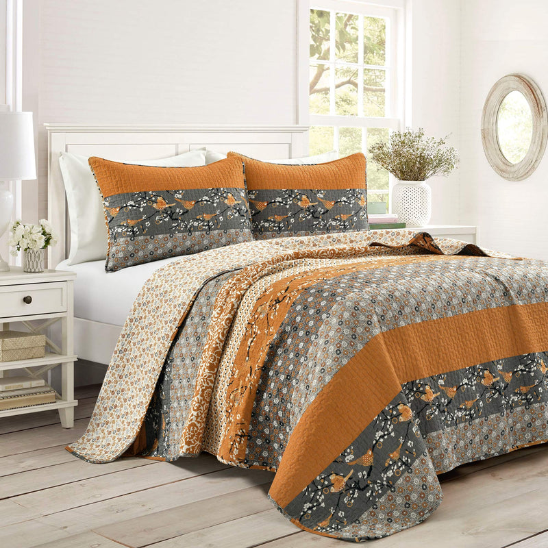 Bohemian Reversible Cotton Quilt Set King - Yellow & Gray