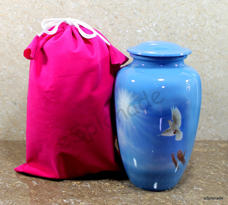 Esplanade Metal Cremation Urn White Pigeon Print Blue 10 Full Size Memorial Jar