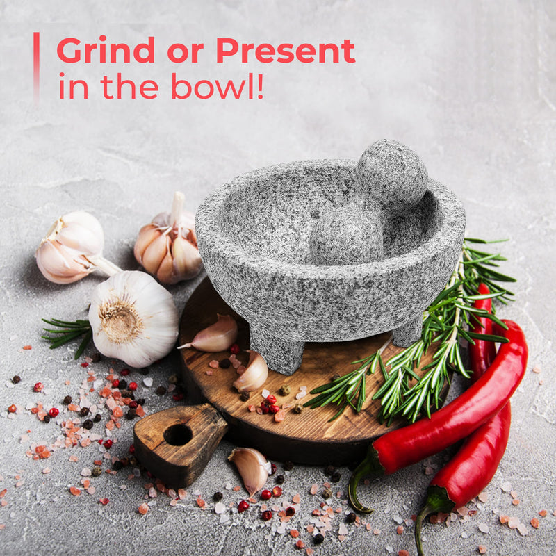 Granite Molcajete Mortar and Pestle Set 8 Inch Unpolished Spice Grinder Bowl