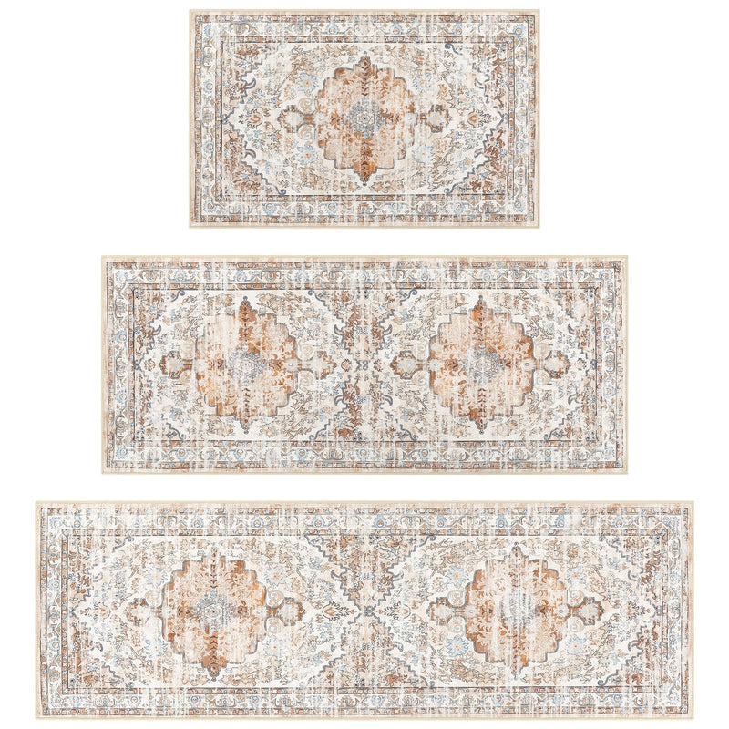 Boho Kitchen Rug Set of 3 - Non-Skid, Machine Washable, Light Brown