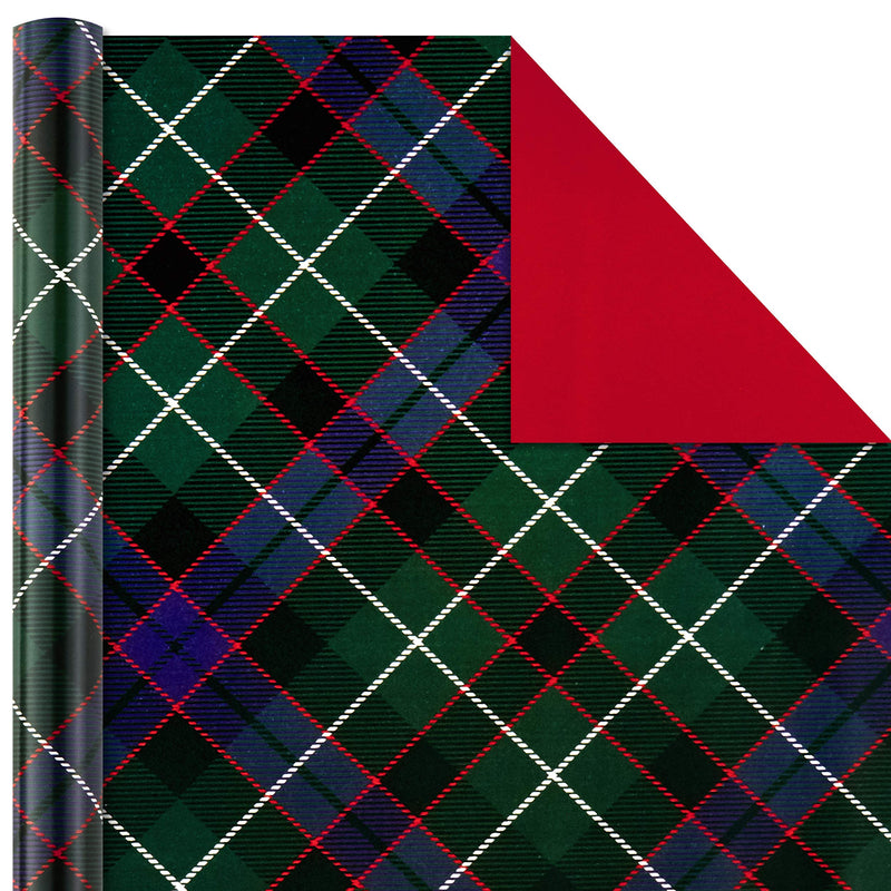 Hallmark Christmas Wrapping Paper Bundle With Cut Lines On Reverse Plaid (Pack Of 4 120 Sq. Ft. Ttl) Red And Black Green And Blue