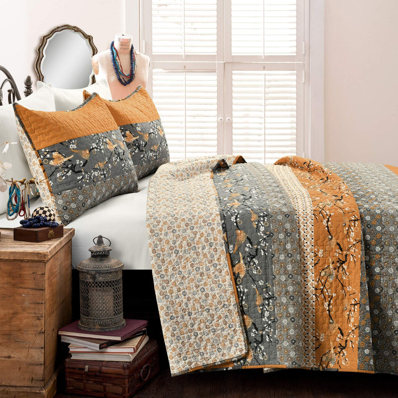Bohemian Reversible Cotton Quilt Set King - Yellow & Gray