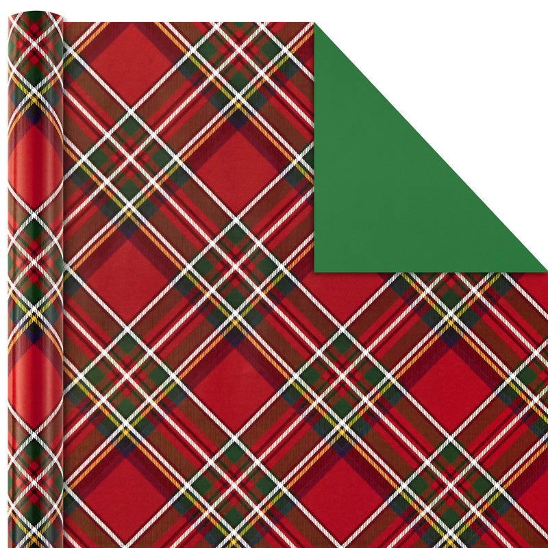 Hallmark Christmas Wrapping Paper Bundle With Cut Lines On Reverse Plaid (Pack Of 4 120 Sq. Ft. Ttl) Red And Black Green And Blue