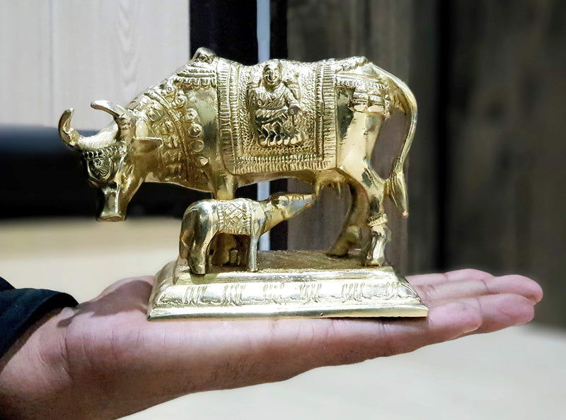 Gerenic Brass Kamdhune Cow Nandi Kamadhenu Cow and Calf Holy Cow Brass Idol