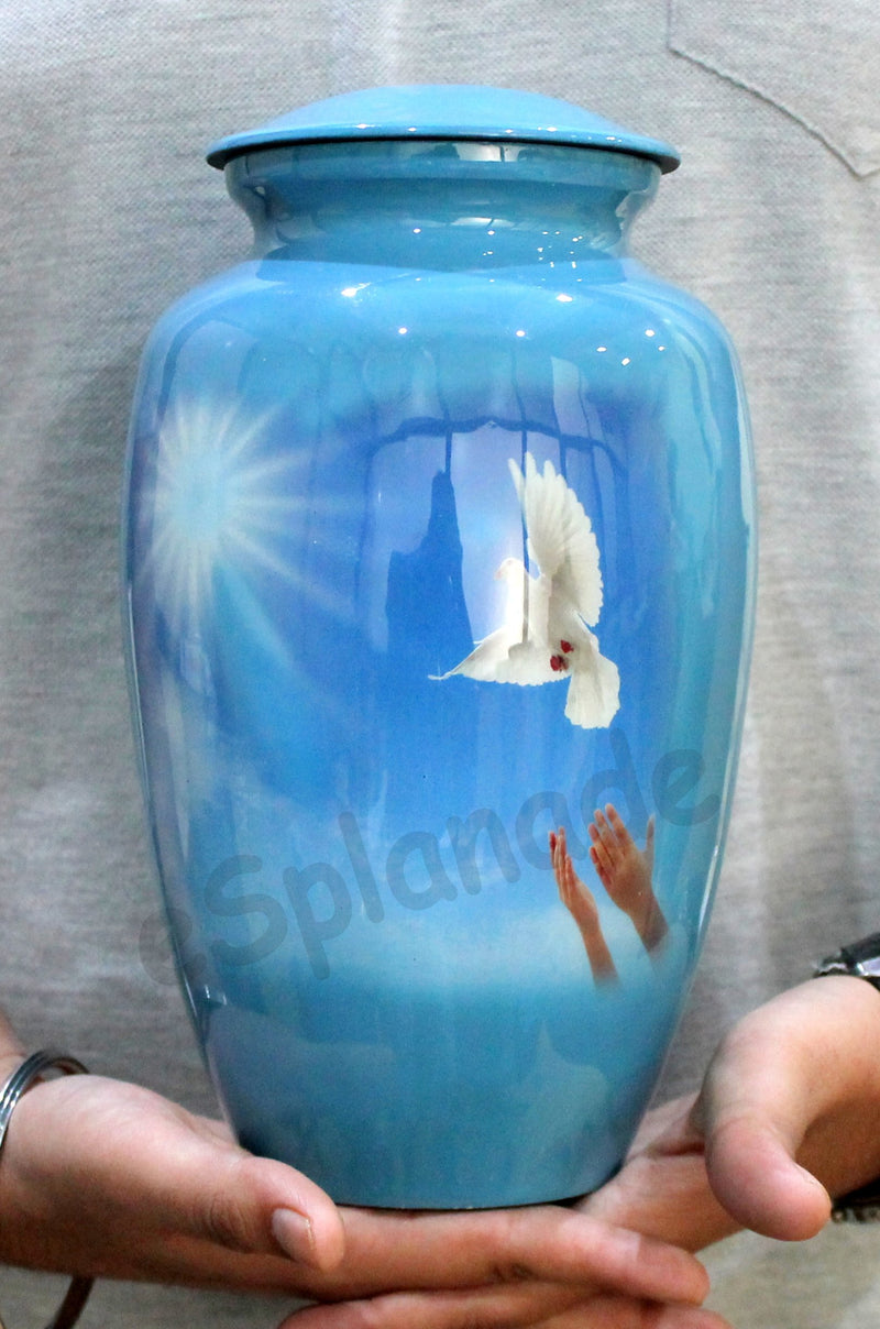 Esplanade Metal Cremation Urn White Pigeon Print Blue 10 Full Size Memorial Jar