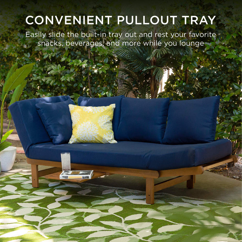 Convertible Acacia Wood Patio Sofa with Tray & Cushions - Navy