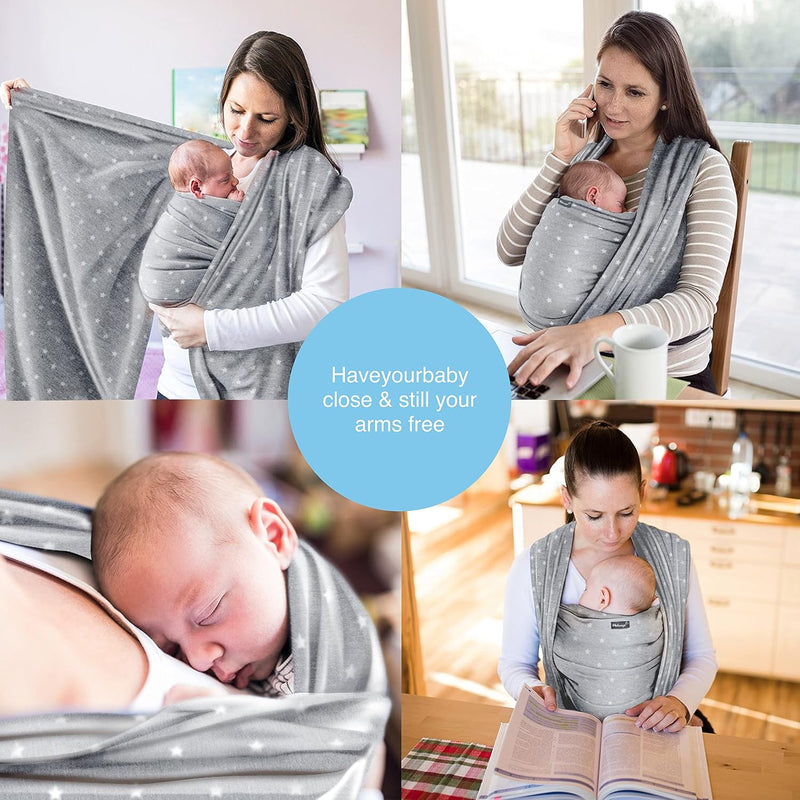 Baby Wrap Carrier Light Grey with Stars – Baby Carrier for Newborns and Babies Up to 15Kg – Made of Soft Cotton