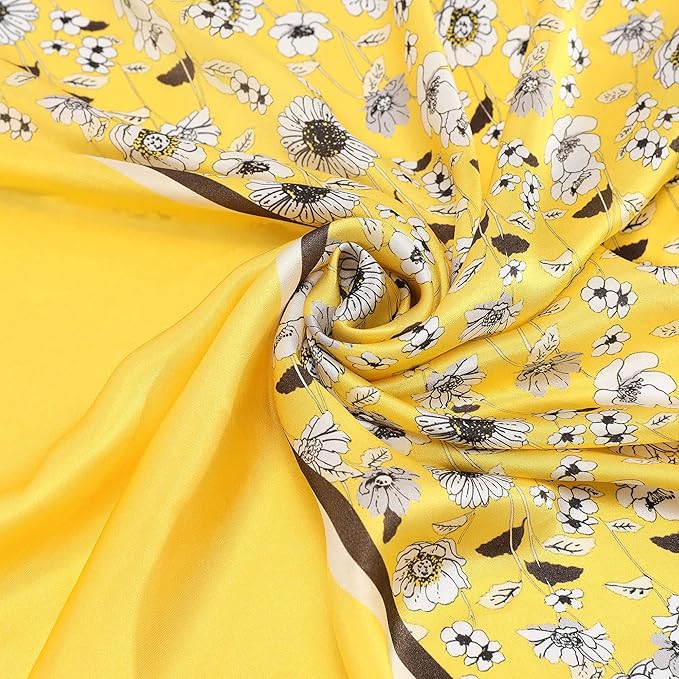 100% Mulberry Silk Scarf, Yellow Flower Designer Head Scarf, Silk Scarf For Hair Wrapping At Night, Pure Silk Scarf For Women, Square Silk Fabric Neckerchief