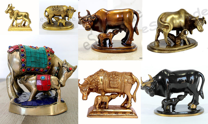 Stonkraft Brass Kamdhenu Cow Calf Kamadhenu Idol Murti Statue 5.5 Inch