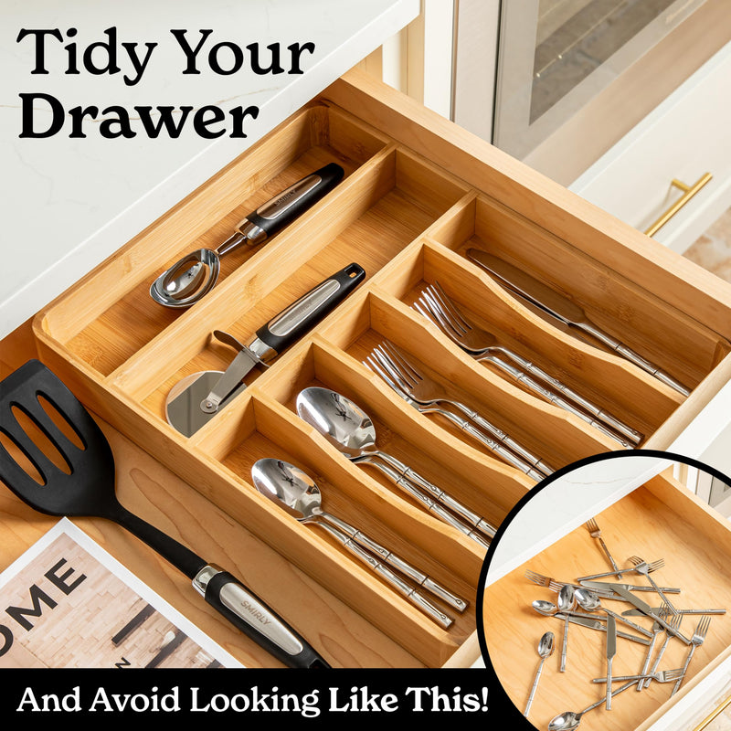 SMIRLY Bamboo Silverware Organizer for Drawer Kitchen Drawer Organizer