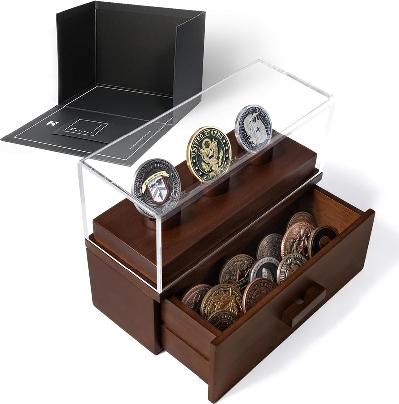 Premium Wooden Challenge Coin Display Case Perfect Father's Day Gift Walnut