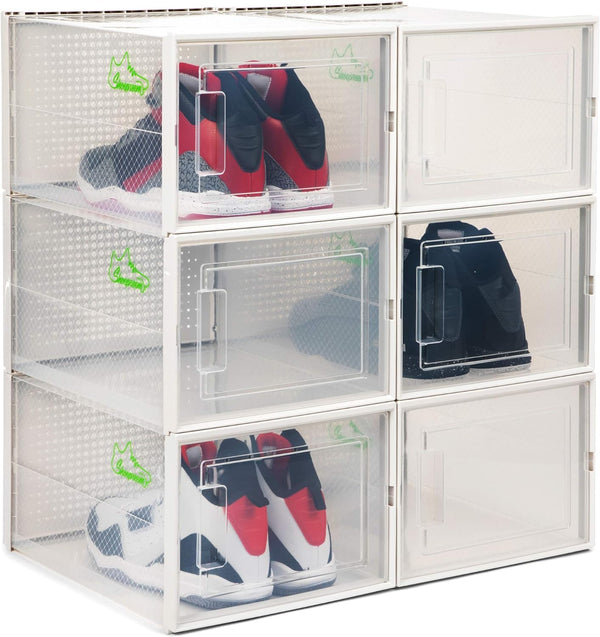 SHOEPREEM White Large 6 Pack - 14.6 Inches Long For Big Shoes & Sneakers, Shoe Storage Organizer, Shoe Storage Boxes, Shoe Box Clear Plastic Stackable, Shoe Containers, Shoe Organizer For Closet White, Large Color White Size Large