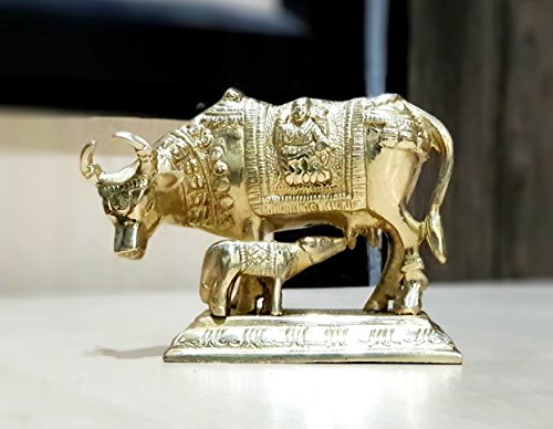 Stonkraft 5.5 Inch Brass Kamdhenu Cow and Calf Idol Statue