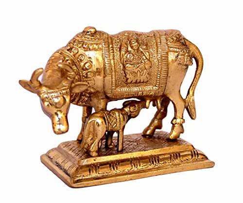 Stonkraft 5.5 Inch Brass Kamdhenu Cow and Calf Idol Statue