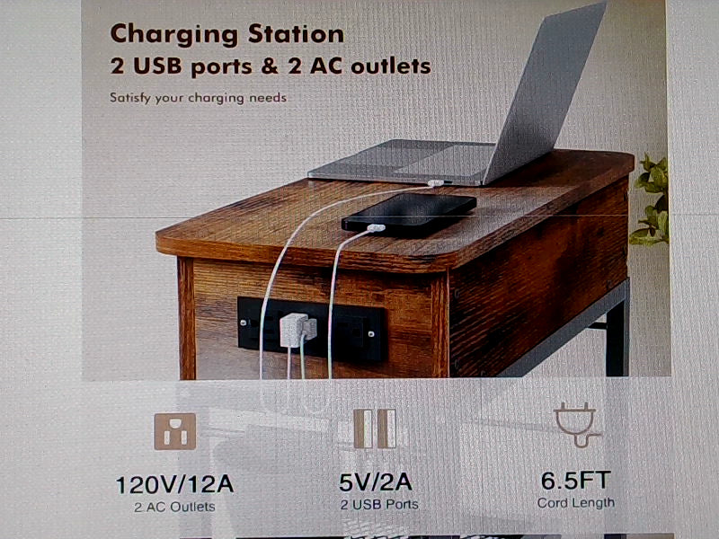 Rustic Brown Lift Top End Table with Charging Station 31.5 H