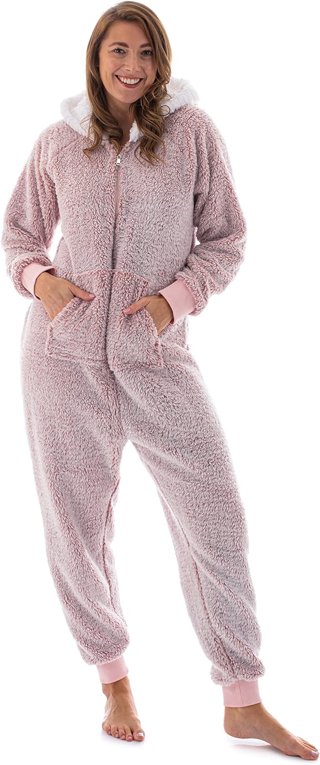 Teddy Fleece Adult One Piece Pajamas for Women Medium Pink