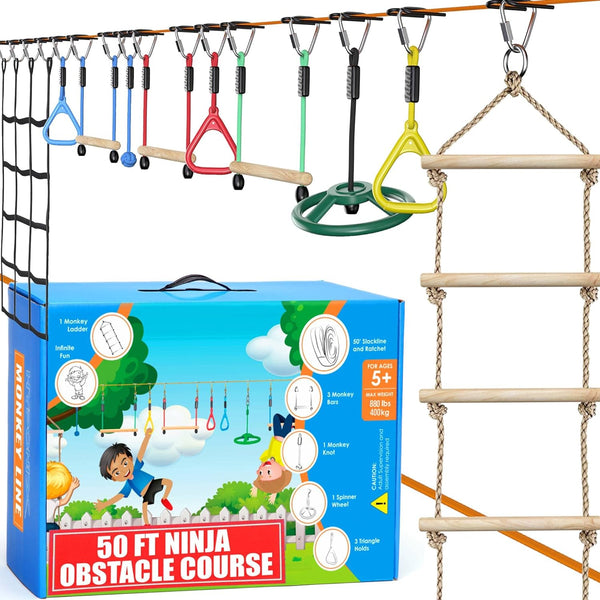 Ninja Warrior Obstacle Course For Kids - 2 X 50 Ft - Up To 880 Lbs - 10 Weatherproof Obstacles - Ages 5-12 | Setup On Trees Or Posts | Ninja Course For Kids Outside | Monkey Line 50' Monkey Line W/Net Multicolor Color Multicolor Size 150'